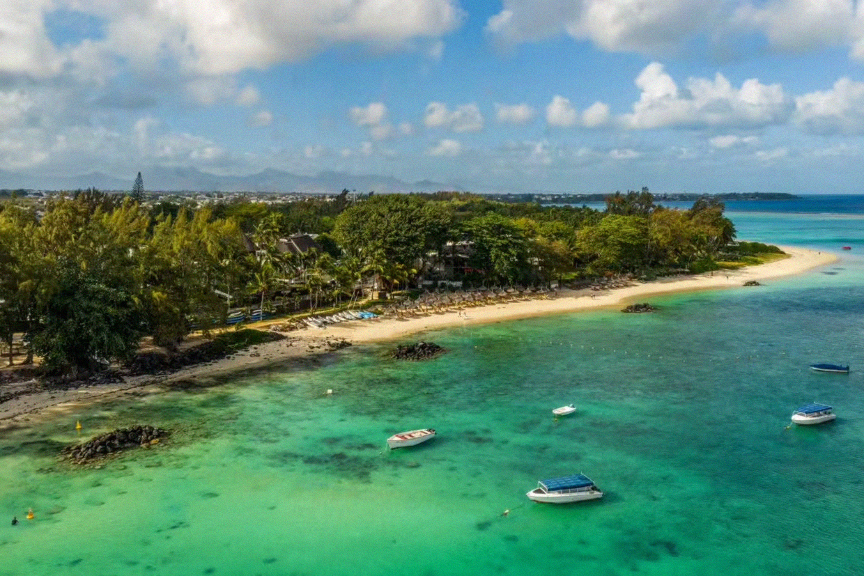 Aerial view of Pointe aux Piments beach and lagoon in Mauritius