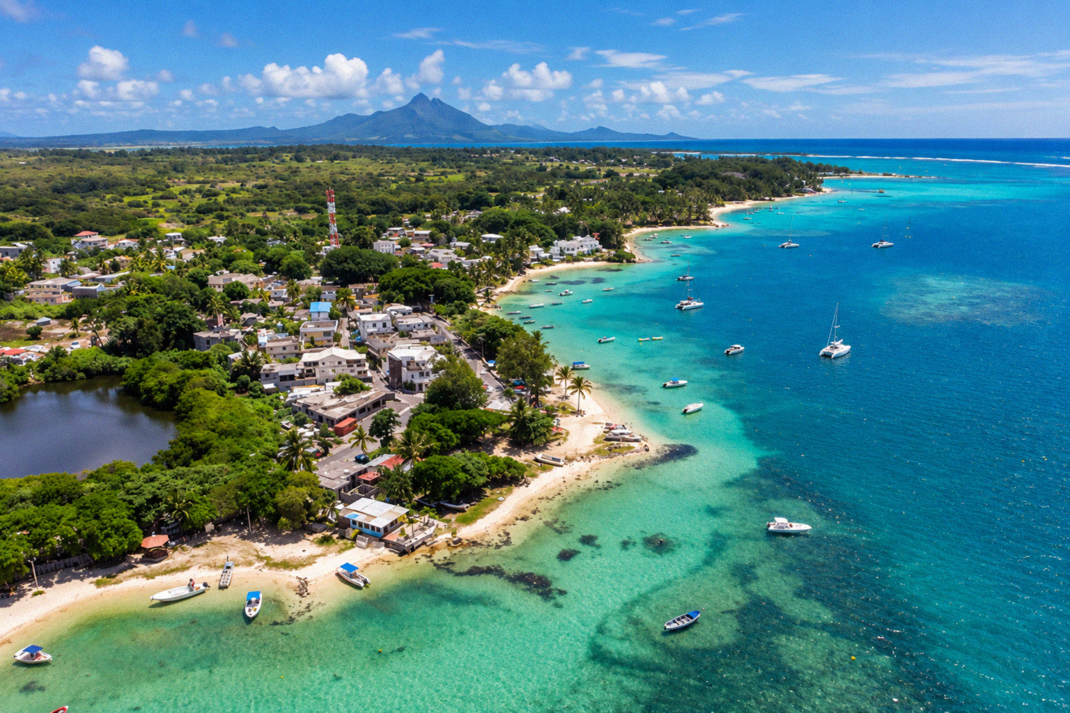 Aerial view of Trou d’Eau Douce village and lagoon in Mauritius